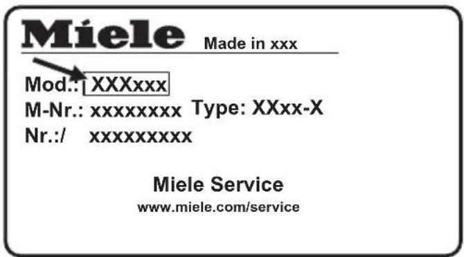 Miele Made in xxx Mod.: XXXxxx M-Nr.: xxxxxxxxx Type: XXxx-X Nr.:/ xxxxxxxxxx Miele Service www.miele.com/service