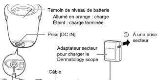 Témoin de niveau de batterie Allumé en orange : charge Éteint : charge terminée Prise [DC IN] Adaptateur secteur pour charger le Dermatology scope Câble ① À une prise secteur