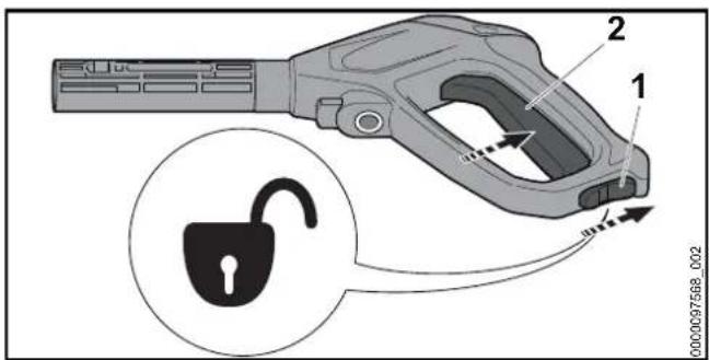 STIHL RE 80 X - Squeezing and locking the spray gun trigger - 1