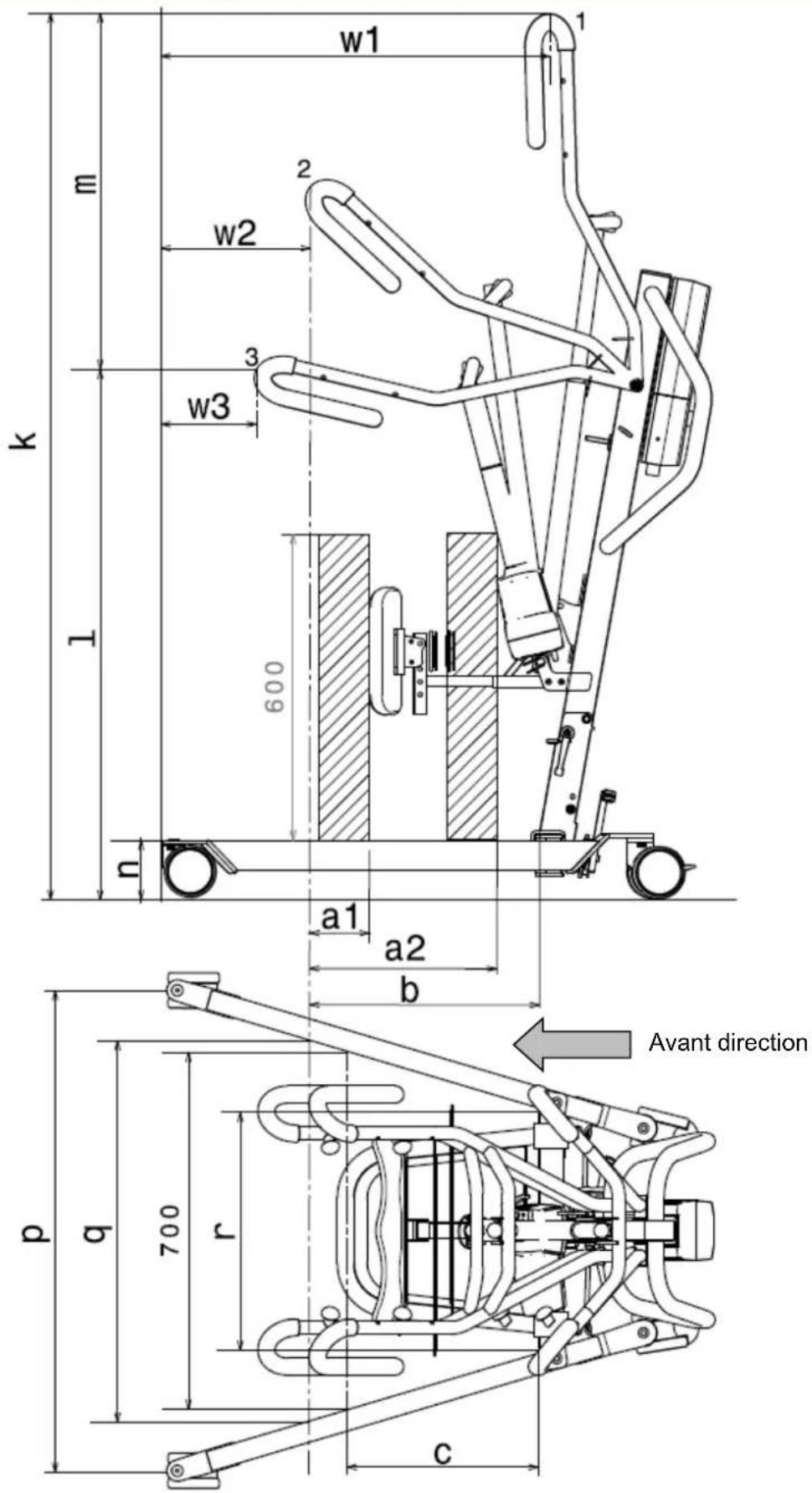 w1 m w2 2 3 w3 k 1 600 n a1 a2 b p q 700 r c Avant direction