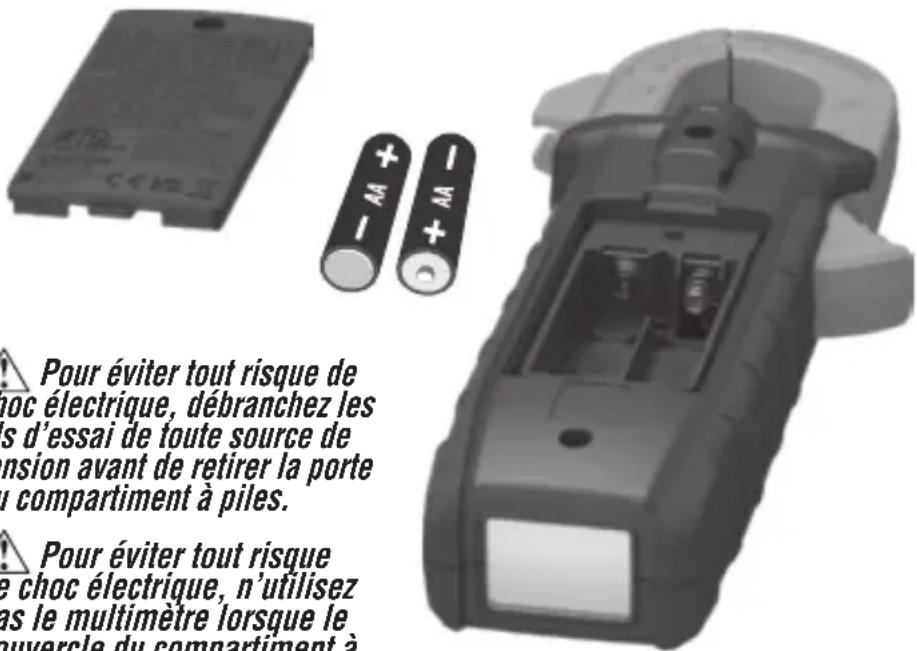 Pour éviter tout risque de hoc électrique, débranchez les is d'essai de toute source de tension avant de retirer la porte u compartiment à piles. Pour éviter tout risque e choc électrique, n'utilisez as le multimètre lorsque le puvercle du compartiment à