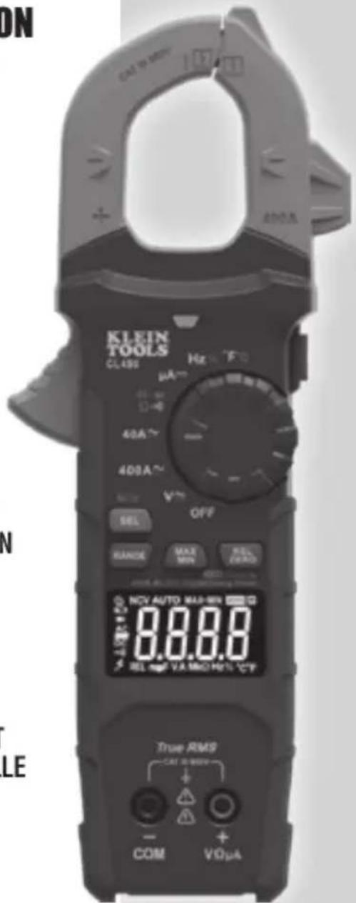 ON KLEIN TOOLS CL492 Hz °F μA~ 40A~ 400A~ V~ OFF RANGE MAX MIN ROLL CEROS NOV AUTO MAX/MN 8.8.8.8 8.8.8.8 REL CAP VA MNC HCT CT True RMS CAT 3-500V + - COM VOµA