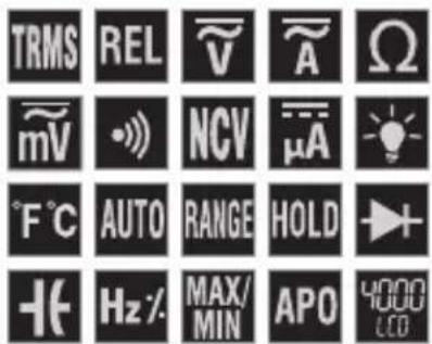 TRMS REL V A Ω mV NCV μA °F °C AUTO RANGE HOLD +Hz MAX/ MIN APO 4000 LCD
