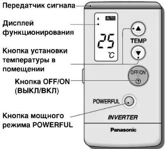 Передатчик сигнала Дисплей функционирования 25°C Кнопка установки температуры в помещении Кнопка OFF/ON (ВЫКЛ/ВКЛ) Кнопка мощного режима POWERFUL POWERFUL INVERTER Panasonic