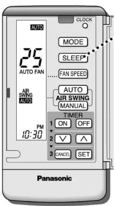 AUTO 25 AUTO FAN AIR SWING AUTO PM 10:30 CLOCK MODE SLEEP FAN SPEED AUTO AIR SWING MANUAL TIMER 1 ON OFF 2 ✓ ∧ 3 CANCEL SET Panasonic