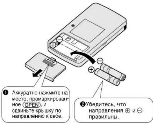 ① Аккуратно нажмите на место, промаркированное OPEN, и сдвиньте крышку по направлению к себе. ② Убедитесь, что направления ⊕ и ⊖ правильны.