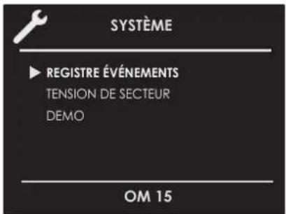 SYSTÈME ▶ REGISTRE ÉVÉNEMENTS TENSION DE SECTEUR DÉMO OM 15