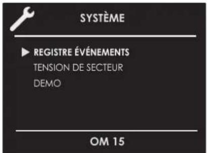 SYSTÈME ▶ REGISTRE ÉVÉNEMENTS TENSION DE SECTEUR DEMO OM 15