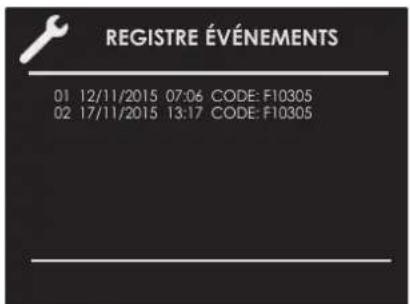 REGISTRE ÉVÉNEMENTS 01 12/11/2015 07:06 CODE: F10305 02 17/11/2015 13:17 CODE: F10305