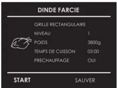 DINDE FARCIE GRILLE RECTANGULAIRE NIVEAU 1 POIDS 3800g TEMPS DE CUISSON 03:00 PRECHAUFFAGE OUI START SAUVER