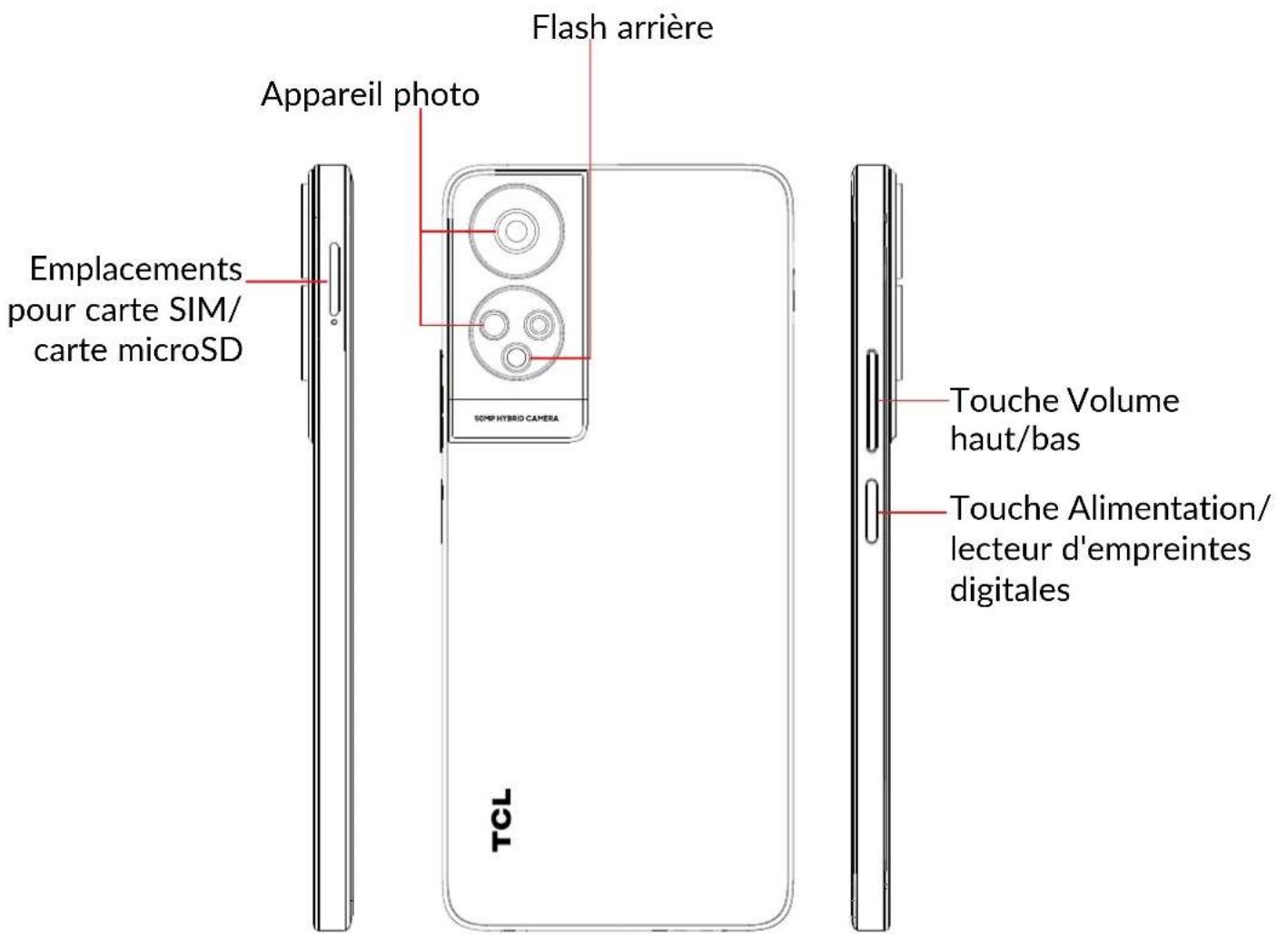 Flash arrière Appareil photo Emplacements pour carte SIM/ carte microSD SOPP HYBRID CAMERA Touche Volume haut/bas Touche Alimentation/ lecteur d'empreintes digitales TCL