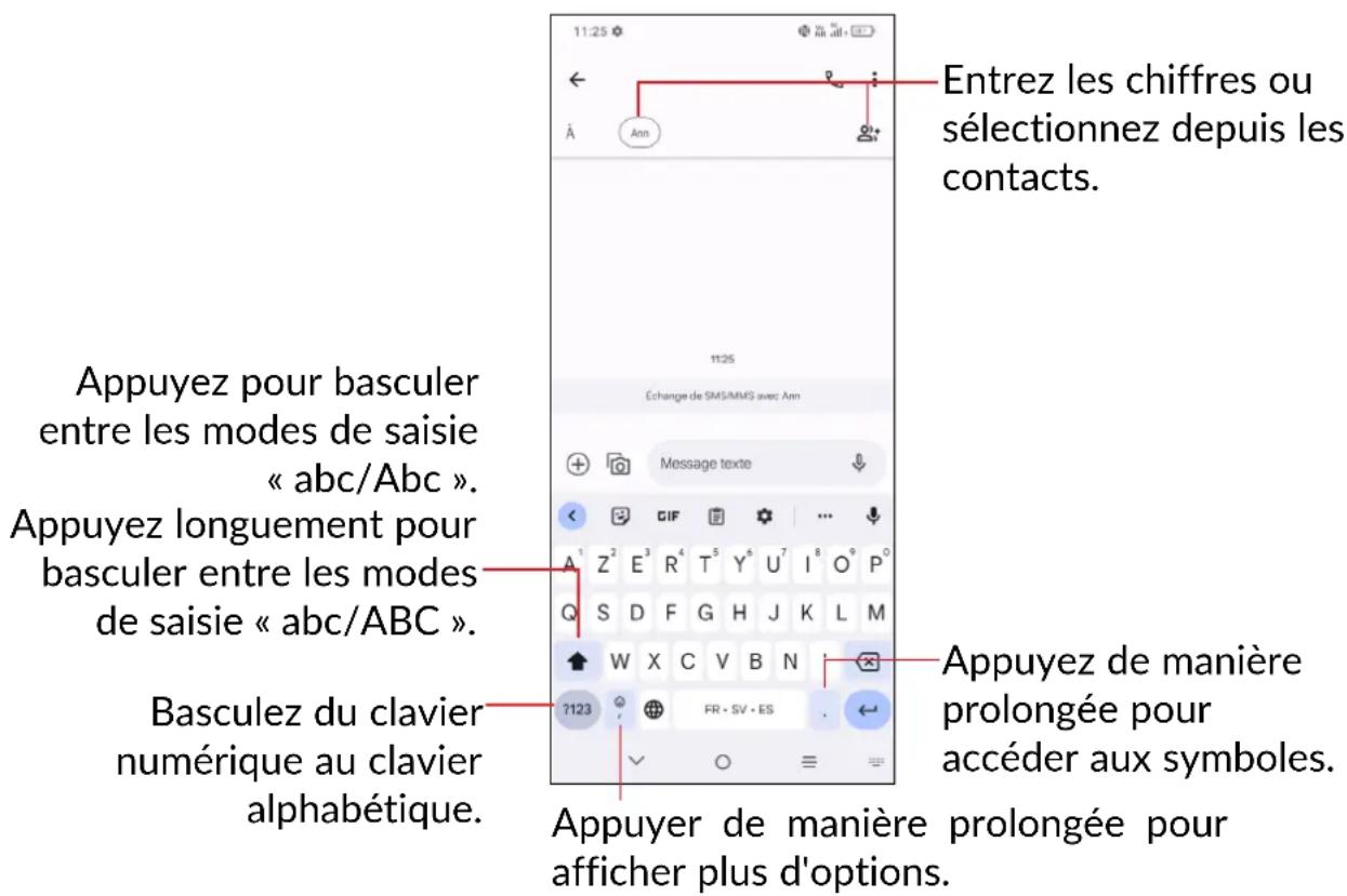Entrez les chiffres ou sélectionnez depuis les contacts. Appuyez pour basculer entre les modes de saisie « abc/Abc ». Appuyez longuement pour basculer entre les modes de saisie « abc/ABC ». Basculez du clavier numérique au clavier alphabétique. 1125 Echange de SMS/MMS avec Ann Message texte A¹ Z² E³ R⁴ T⁵ Y⁶ U⁷ I⁸ O⁹ P° Q S D F G H J K L M W X C V B N 7123 Appuyez de manière prolongée pour accéder aux symboles. Appuyer de manière prolongée pour afficher plus d'options.