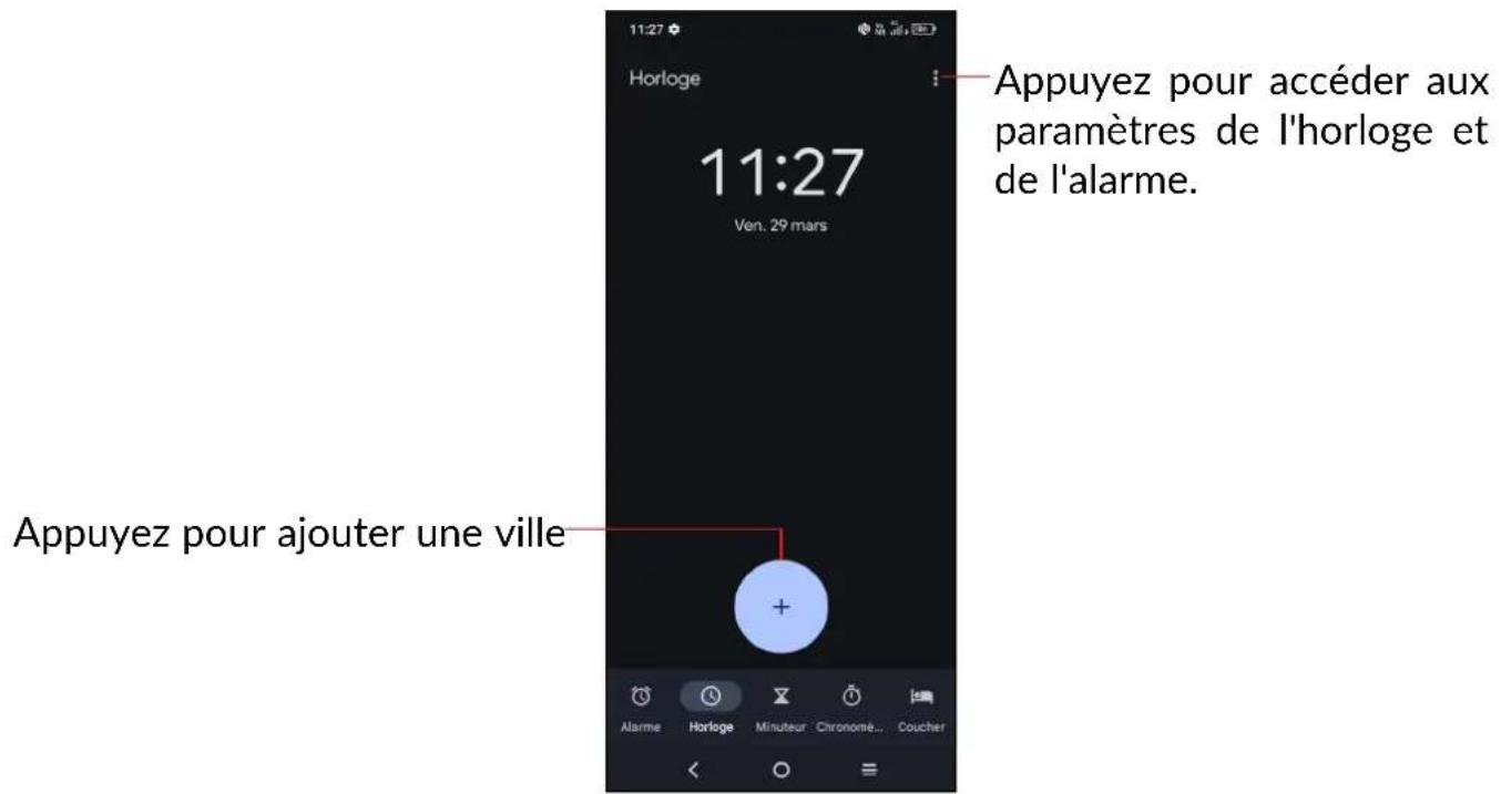 Appuyez pour accéder aux paramètres de l'horloge et de l'alarme. 11:27 Horloge 11:27 Ven. 29 mars Appuyez pour ajouter une ville