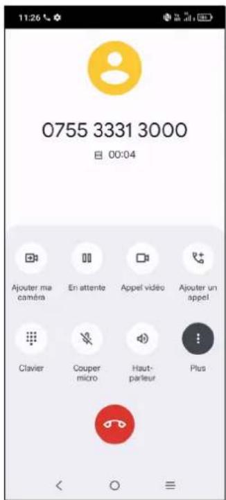 0755 3331 3000 00:04 Ajouter ma caméra En attente Appel vidéo Ajouter un appel Clavier Couper micro Haut-pauteur Plus