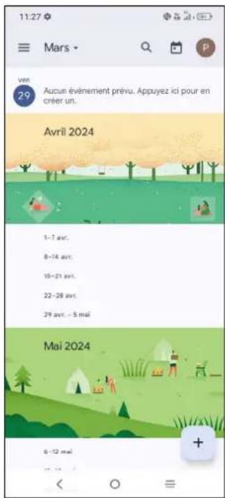 11:27 Mars ver 29 Aucun événement prévu. Appuyez ici pour en créer un. Avril 2024 1-7 avr. 8-14 avr. 15-21 avr. 22-28 avr. 29 avr. - 5 mai Mai 2024 6-12 mai