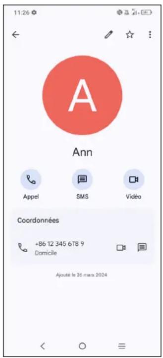 11:26 Ann Appel SMS Vidéo Coordonnées +86 12 345 678 9 Domicile Ajoute le 26 mars 2024