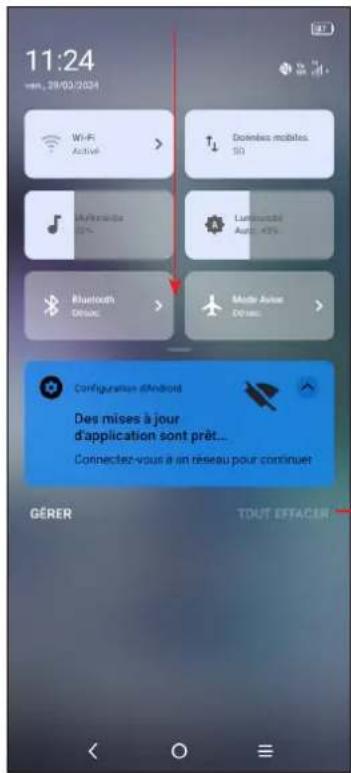 11:24 ven. 29/03/2024 Wi-Fi Active > Doines mobiles 50 Aflérence 32% Luisquésé Auté <3% Bluetooth Délase > Made d'Avier Défres > Configuration d'Android Des mises à jour d'application sont prêt... Connectez-vous a un réseau pour continuer GÉRER TOUT EFFACER