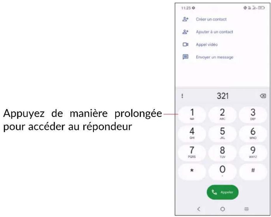 11:25 Créer un contact Ajouter à un contact Appel vidéo Envoyer un message 321 1 2 3 QQ ABC DEP 4 5 6 GHI JKL MNO 7 8 9 PIQRS TUV WXYZ * 0 # Appeler Appuyez de manière prolongée pour accéder au répondeur