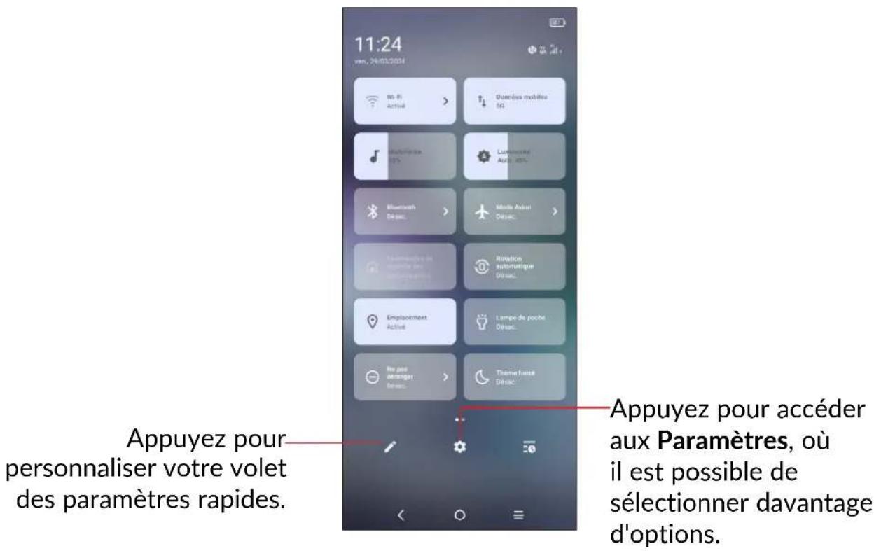 11:24 ven, 29/03/2024 Appuyez pour personnaliser votre volet des paramètres rapides. Appuyez pour accéder aux Paramètres, où il est possible de sélectionner davantage d'options.