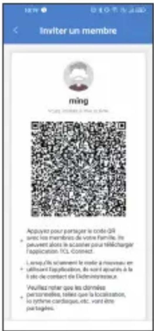 Inviter un membre ming Appuyez pour partager le code-QIR + avec les membres de votre famille, ils peuvent alors le scanner pour télécharger l'application FCL connect. L'ansqu'ils s'accommi le medie à nouveau en + utilisant l'application, ils neir apoutrés à la à site de contact de Dideninatressue. 'Asuilles nater que les données personnelles, telles que la localisation, lo système cardiaque, etc. vont être partagées.