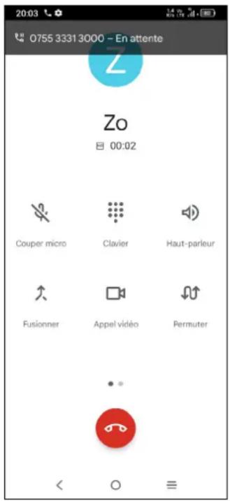 0755 3331 3000 - En attente Z Zo 00:02 Couper micro Clavier Haut-parleur Fusionner Appel vidéo Permuter