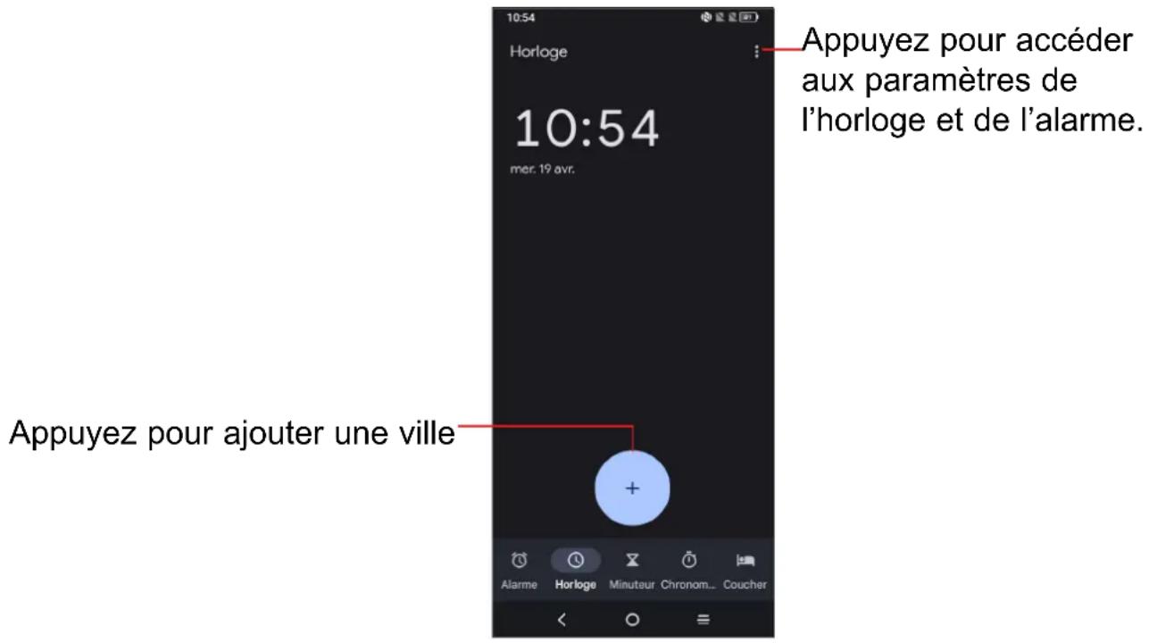 Appuyez pour accéder aux paramètres de l'horloge et de l'alarme. 10:54 Horloge 10:54 mer. 19 avr. Appuyez pour ajouter une ville