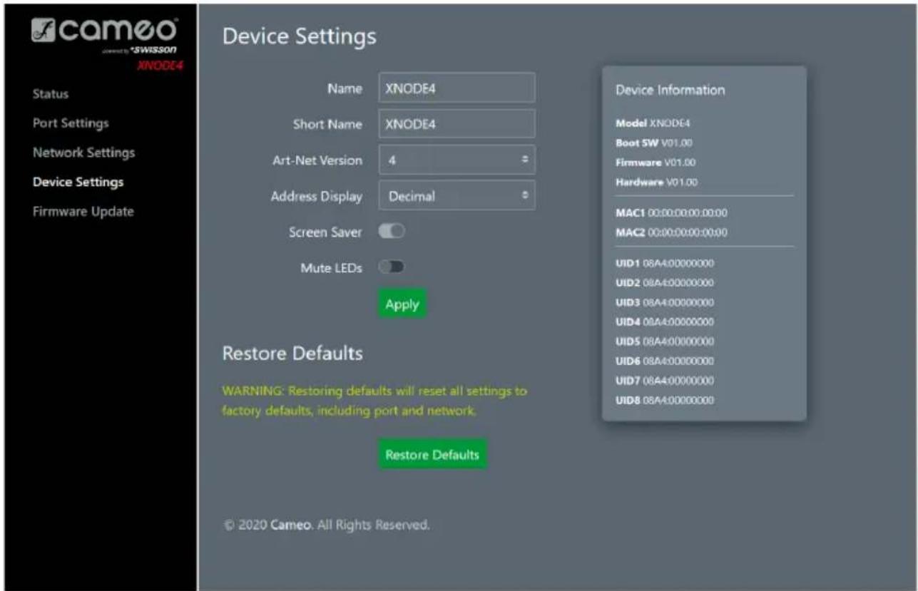Cameo XNODE 4 - PÁGINA DE CONFIGURACIÓN DEL DISPOSITIVO - 1