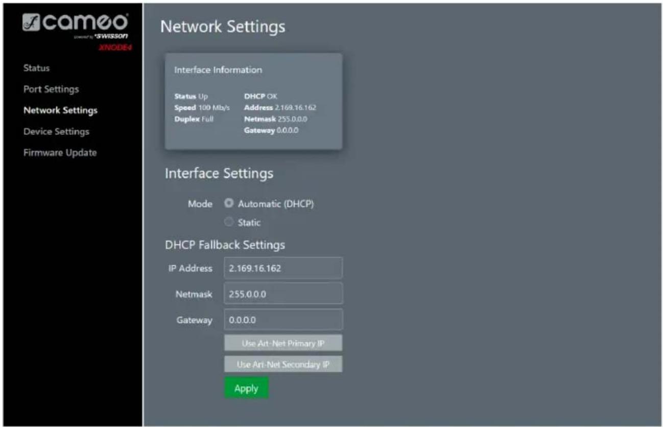 Cameo XNODE 4 - PAGE NETWORK SETTINGS (RÉGLAGES RÉSEAU) - 1