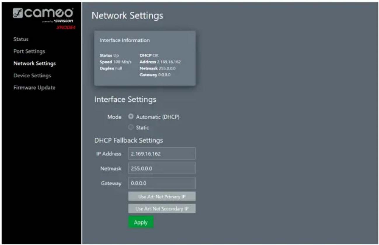 Cameo XNODE 4 - NETWORK SETTINGS PAGE - 1