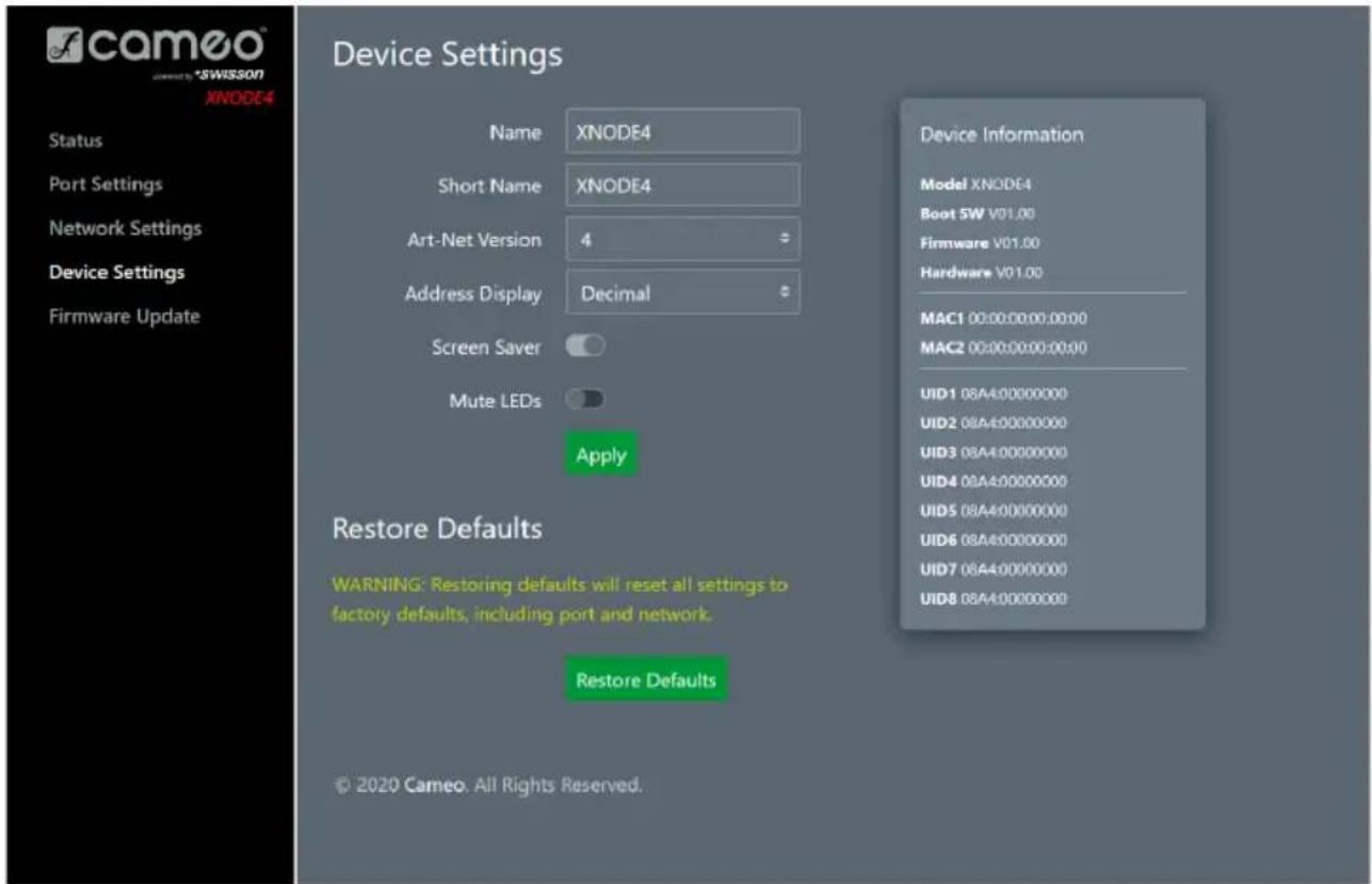 Cameo XNODE 4 - PAGE DEVICE SETTINGS (RÉGLAGES DE L'APPAREIL) - 1