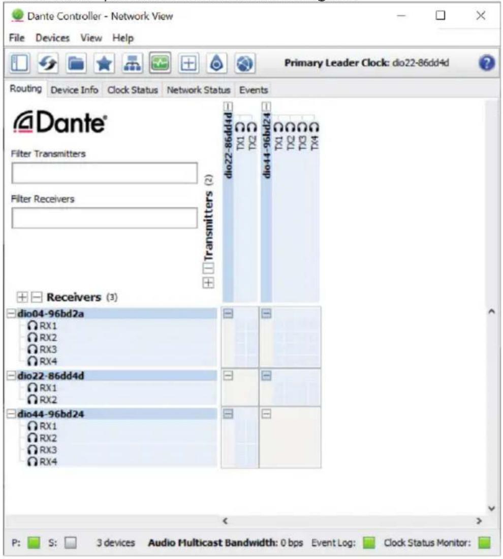 Dante Controller - Network View File Devices View Help Primary Leader Clock: dio22-86dd4d Routing Device Info Clock Status Network Status Events Dante® Filter Transmitters Filter Receivers Transmitters (2) dio22-86dd4d TX1 TX2 dio44-96bd24 TX1 TX2 TX3 TX4 dio04-96bd2a RX1 RX2 RX3 RX4 dio22-86dd4d RX1 RX2 dio44-96bd24 RX1 RX2 RX3 RX4 P: S: 3 devices Audio Multicast Bandwidth: 0 bps Event Log: Clock Status Monitor: