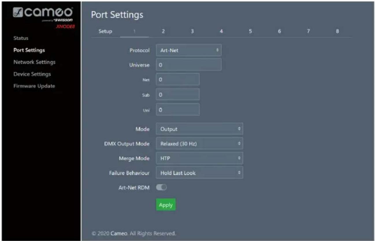 Cameo XNODE 8 - PORT SETTINGS - NETZWERKEINSTELLUNGEN - 1