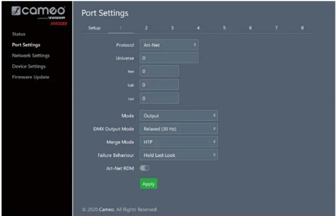 Cameo XNODE 8 - PORT SETTINGS PAGE - 1