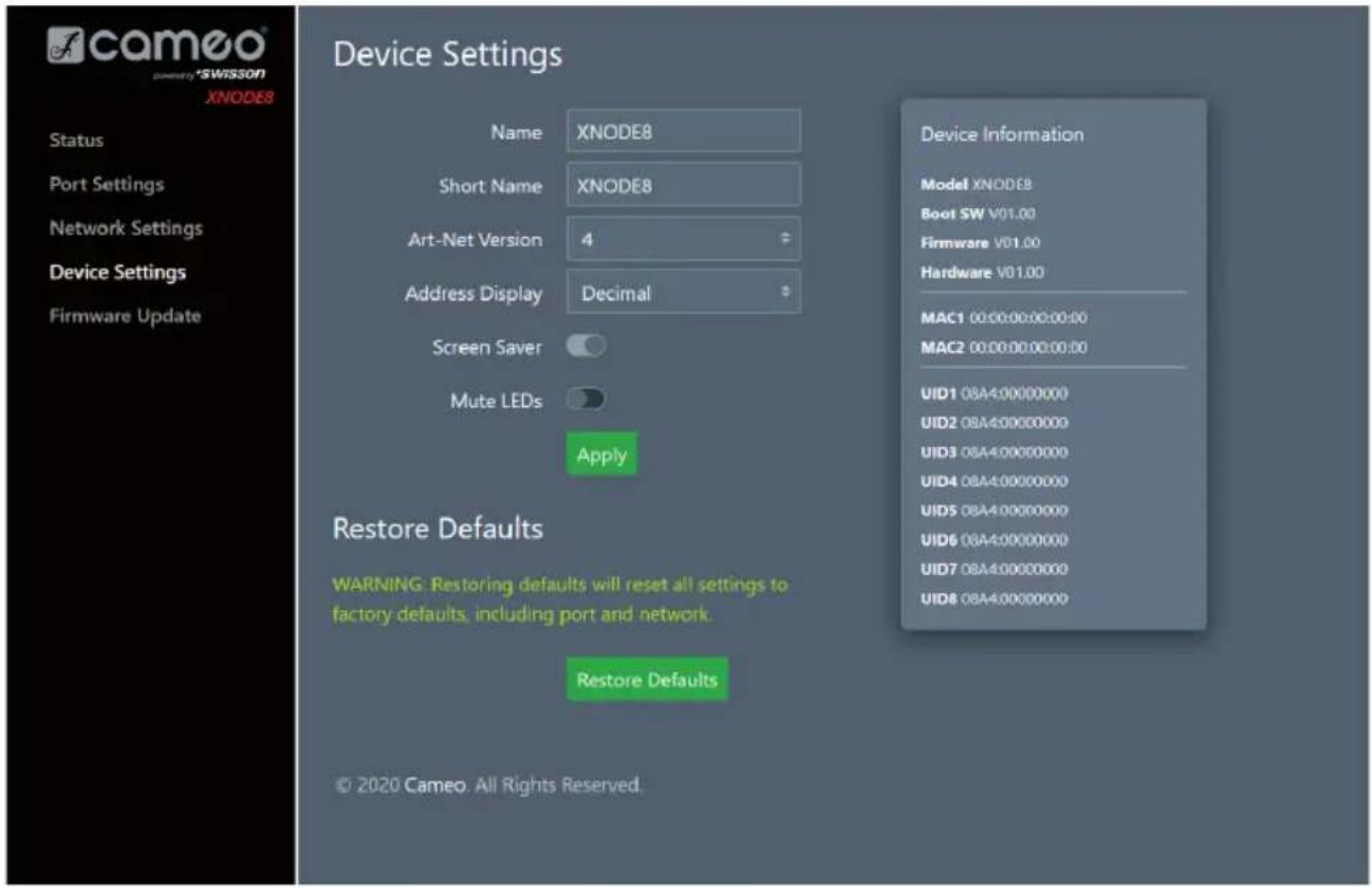 Cameo XNODE 8 - DEVICE SETTINGS – GERÄTEEINSTELLUNGEN - 1