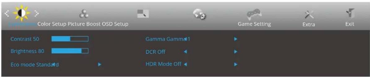 Color Setup Picture Boost OSD Setup Contrast 50 Brightness 80 Eco mode Standard Gamma Gamma 1 DCR Off HDR Mode Off Game Setting Extra Exit