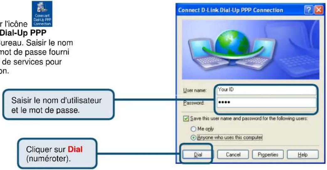 Connect D-Link Dial-Up PPP Connection User name: Your ID Password: ••••• Save this user name and password for the following users: ○ Me only ● Anyone who uses this computer Dial Cancel Properties Help Saisir le nom d'utilisateur et le mot de passe. Cliquer sur Dial (numéroter).