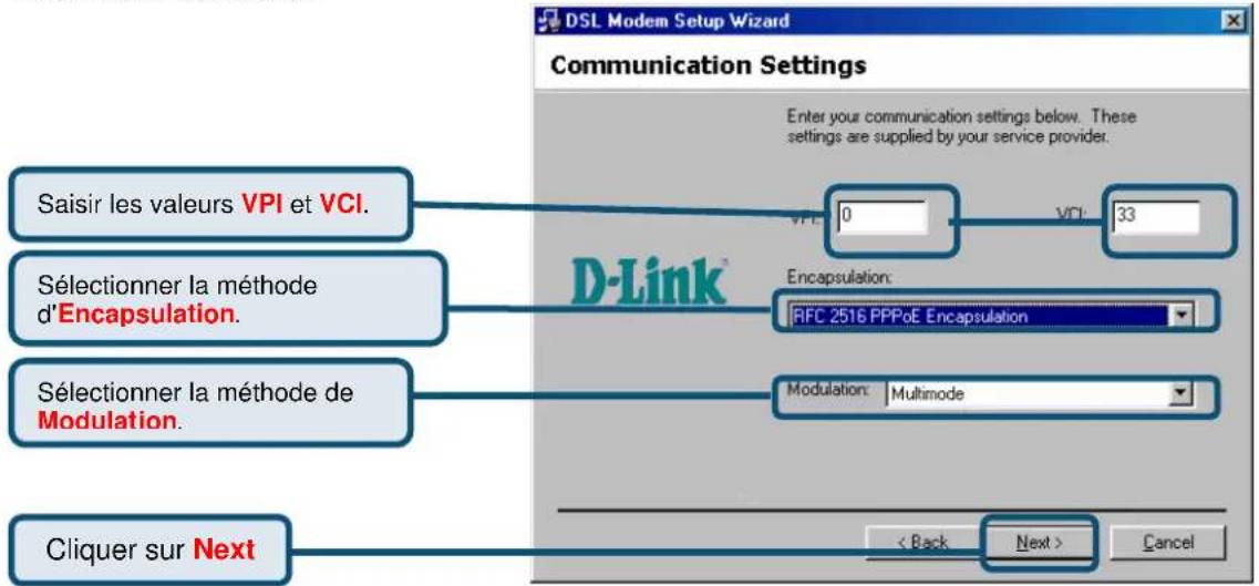 DSL Modem Setup Wizard Communication Settings Enter your communication settings below. These settings are supplied by your service provider. Saisir les valeurs VPI et VCI. Sélectionner la méthode d'Encapsulation. Sélectionner la méthode de Modulation. Cliquer sur Next VPI: 0 VCI: 33 Encapsulation: RFC 2516 PPPoE Encapsulation Modulation: Multimode < Back Next > Cancel