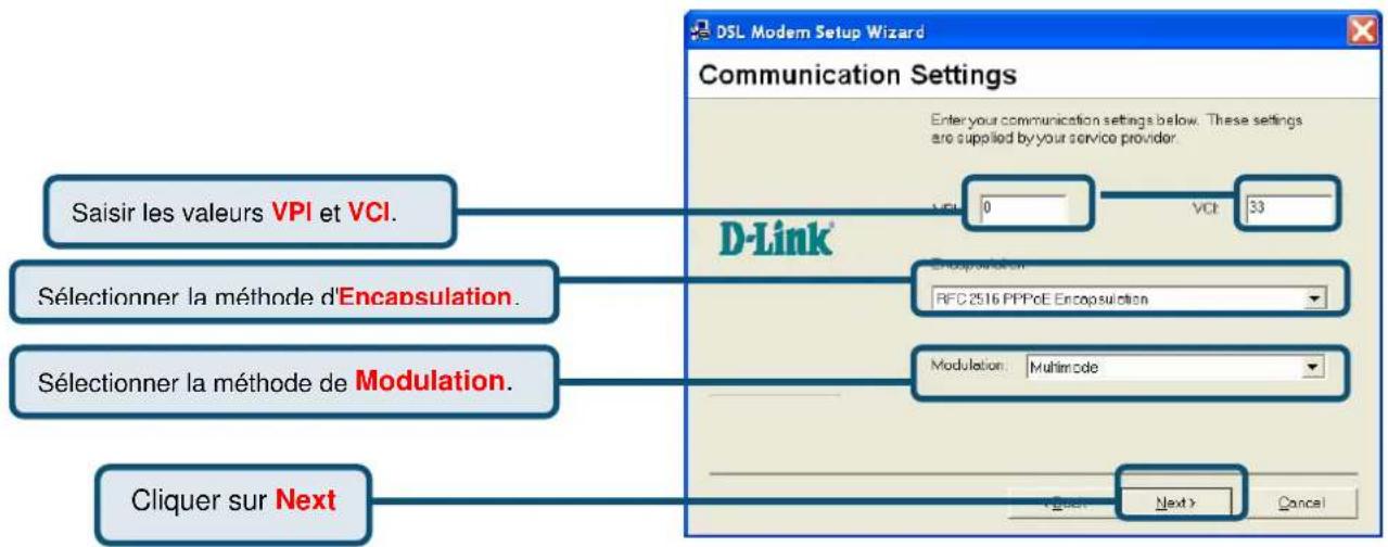 Saisir les valeurs VPI et VCI. Sélectionner la méthode d'Encapsulation. Sélectionner la méthode de Modulation. Cliquer sur Next D-Link Enter your communication settings below. These settings are supplied by your service provider. VPI 0 VCI 33 Encapsulation RFC 2516 PPPoE Encapsulation Modulation: Multimode Next > Cancel