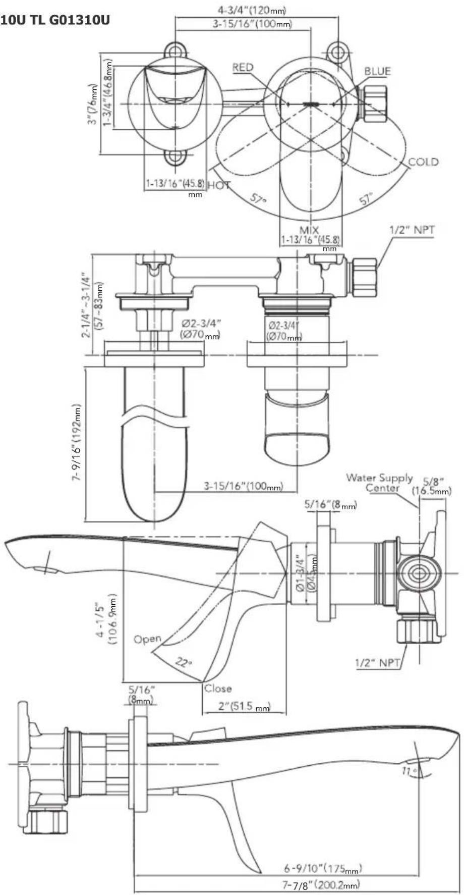 TOTO TLG01311U - ROUGH-IN DIMENSIONS / BOSQUEJO ROBINETTERIE BRUTE / DIMENSÕES APROXIMADAS - 1