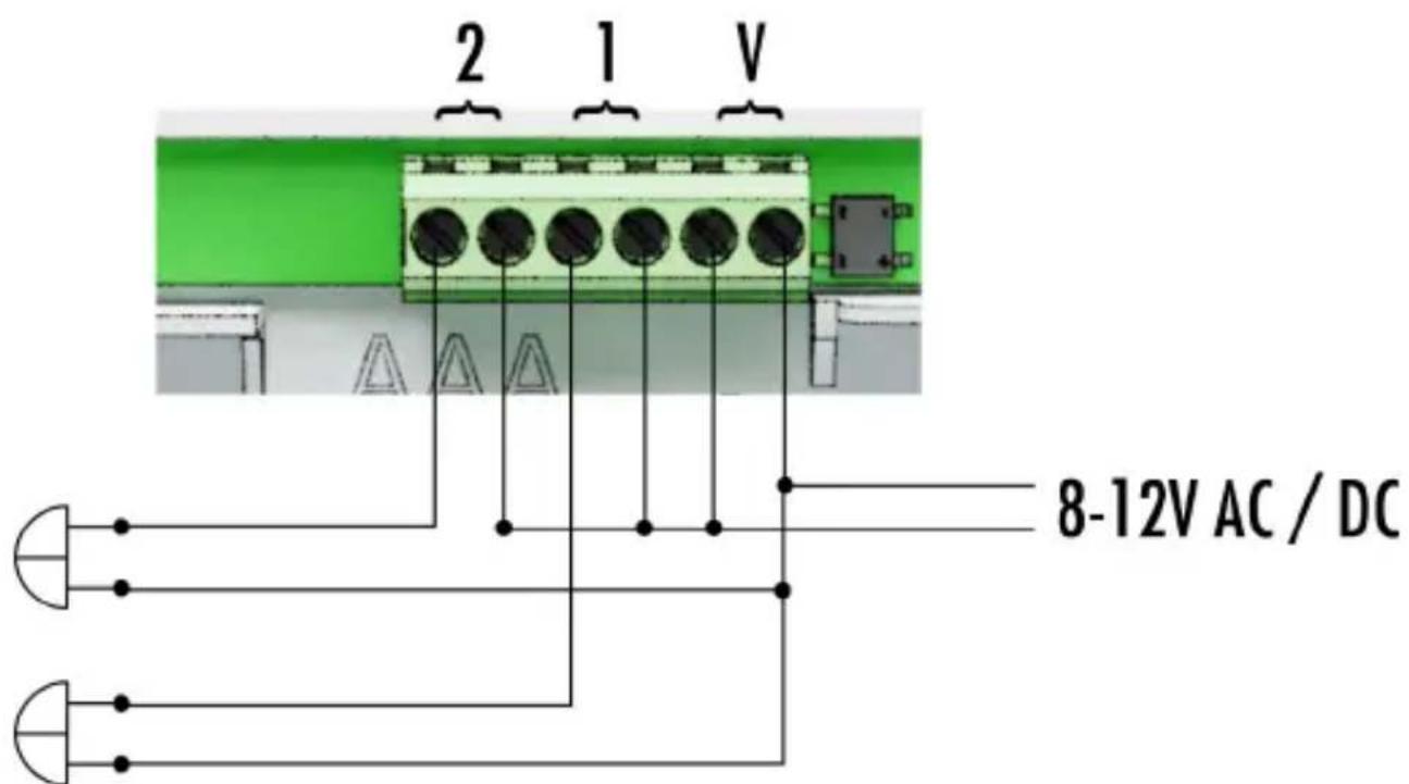 m-e KTF-1 - Voorbeeld aansluitschema's voor KTF-2 (gong met voeding): - 1