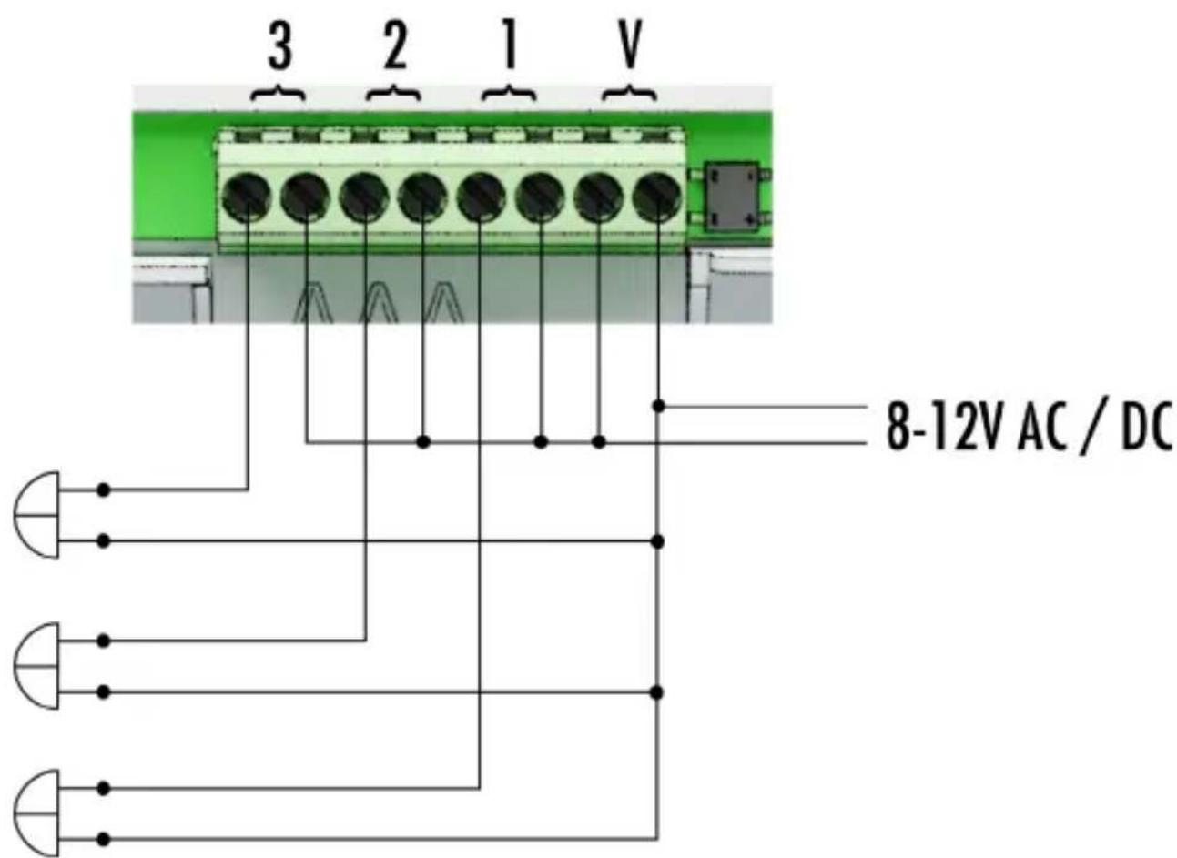 m-e KTF-1 - Voorbeeld aansluitschema's voor KTF-3 (gong met voeding): - 1