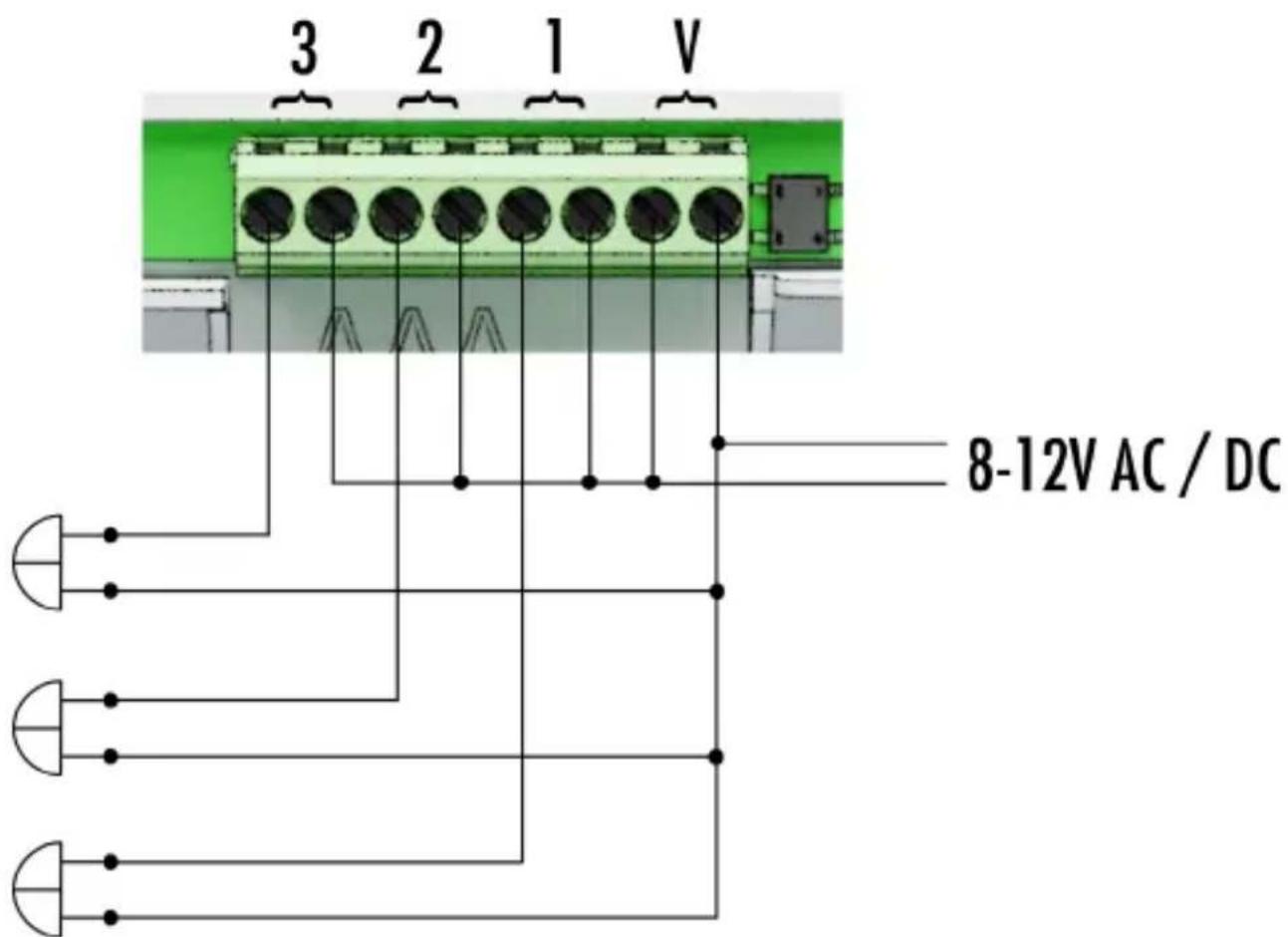 m-e KTF-1 - Example connection diagrams for KTF-3 (chime with battery): - 2