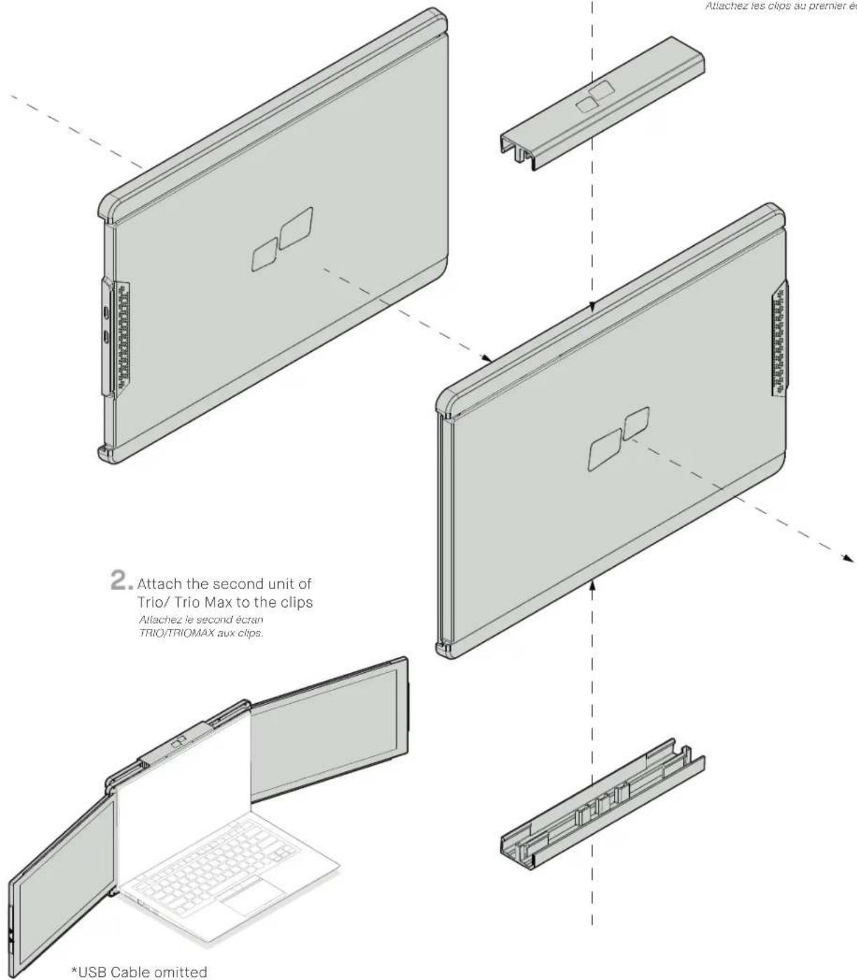 2. Attach the second unit of Trio/ Trio Max to the clips Attachez le second écran TRIO/TRIOMAX aux clips. *USB Cable omitted