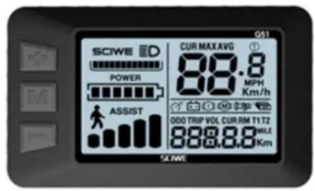 SCWE D POWER ASSIST G51 CUR MAX AVG 88.8 MPH Km/h 000 TRIP VOL CUR RM T1 TZ 888.8.8 MILE Km SCWE