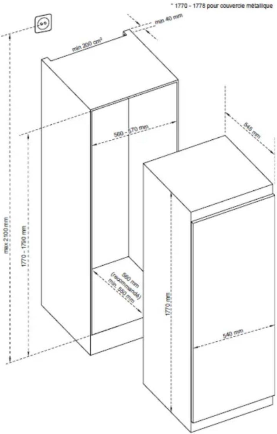 max 2100 mm 1770 - 1790 mm min 200 cm² 1770 mm 540 mm 1770 - 1778 pour couvercie métallique