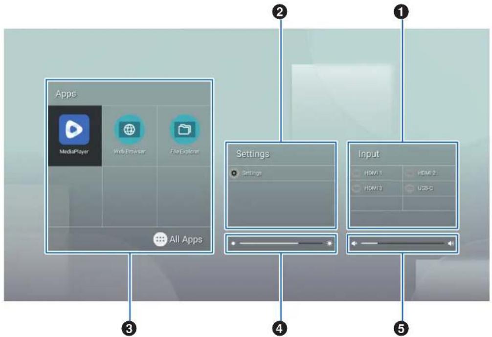 Apps MediaPlayer Web Browser File Explorer Settings Settings Input HDMI 1 HDMI 2 HDMI 3 USB 5 All Apps