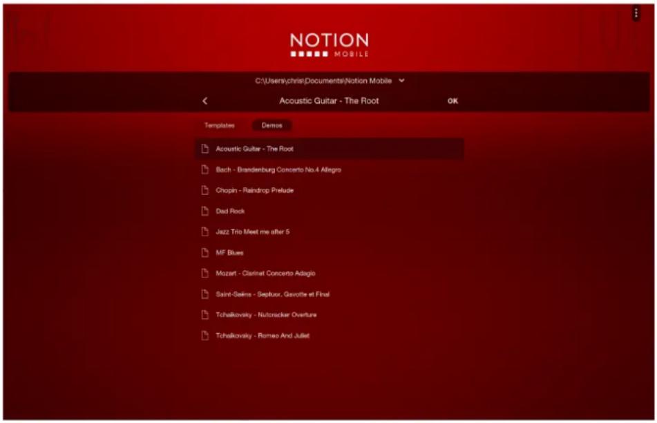 NOTION MOBILE C:\Users\chris\Documents\Notion Mobile Acoustic Guitar - The Root OK Templates Demos Acoustic Guitar - The Root Bach - Brandenburg Concerto No.4 Allegro Chopin - Raindrop Prelude Dadd Rock Jazz Trio Meet me after 5 MF Blues Mozart - Clarinet Concerto Adagio Saint-Selins - Septuur, Gavotte et Final Tchalkovsky - Nutorsacker Overture Tchalkovsky - Romeo And Juliet
