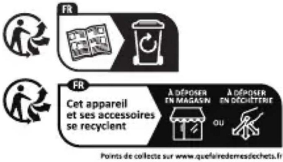 FR FR Cet appareil et ses accessoires se recyclent A DÉPOSER EN MAGASIN A DÉPOSER EN DÉCHÉTIERIE OU Points de collecte sur www.quelairedemesdechets.fr