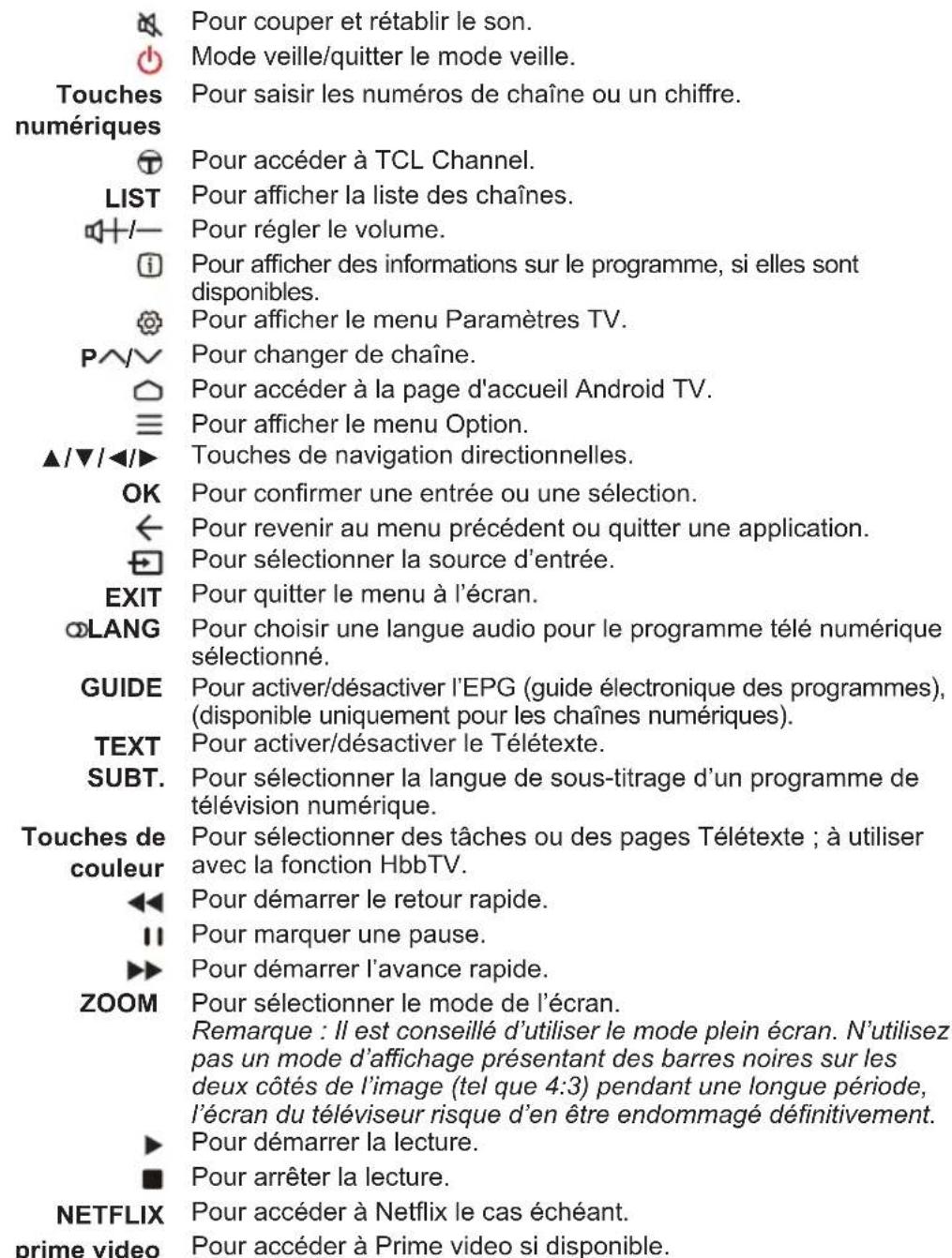 Pour couper et rétablir le son. Mode veille/quitter le mode veille. Touches numériques. Pour accéder à TCL Channel. LIST : pour afficher la liste des chaînes. Pour régler le volume. Pour afficher des informations sur le programme, si elles sont disponibles. Pour afficher le menu Paramètres TV. Pour…