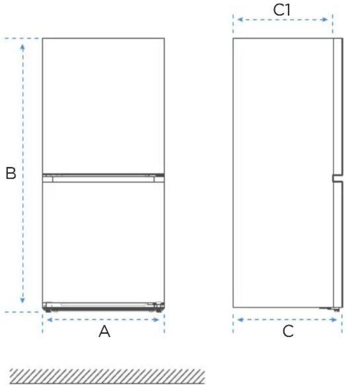 MIDEA MRU21C7BST - Diagramme d'encombrement (porte ouverte et fermée) - 1